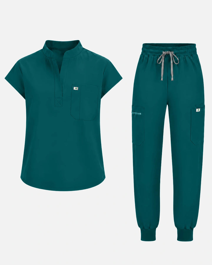 Eadflie Women's Henley Sleeveless Jogger Uniform Set - Dark Green
