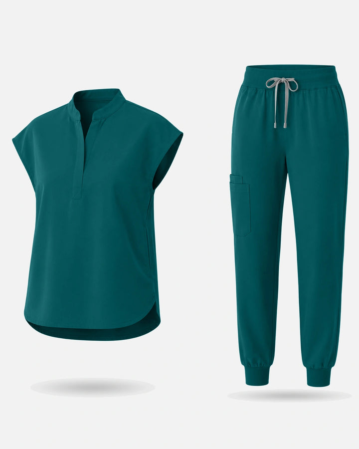 Eadflie Women's Sleeveless Mandarin Collar Jogger Uniform Set - Dark Green