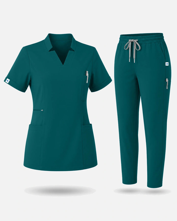 Eadflie Women's Split V-Neck Uniform Set – Tapered-Leg 9-Pocket Slim Fit - Dark Green