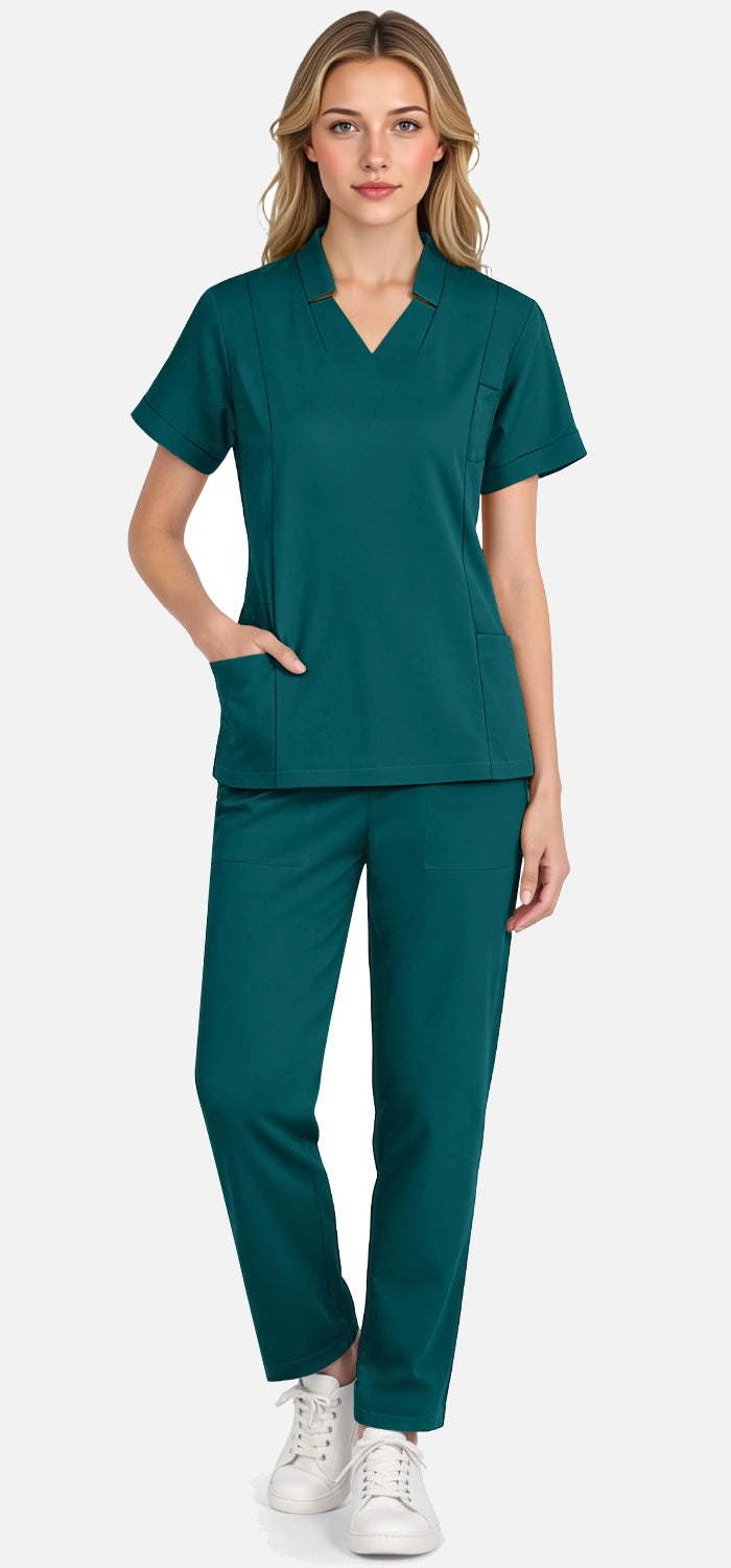 Dark Green – Eadflie Women's Split V-Neck Uniform Set – Tapered-Leg 9-Pocket Slim Fit – product image 67