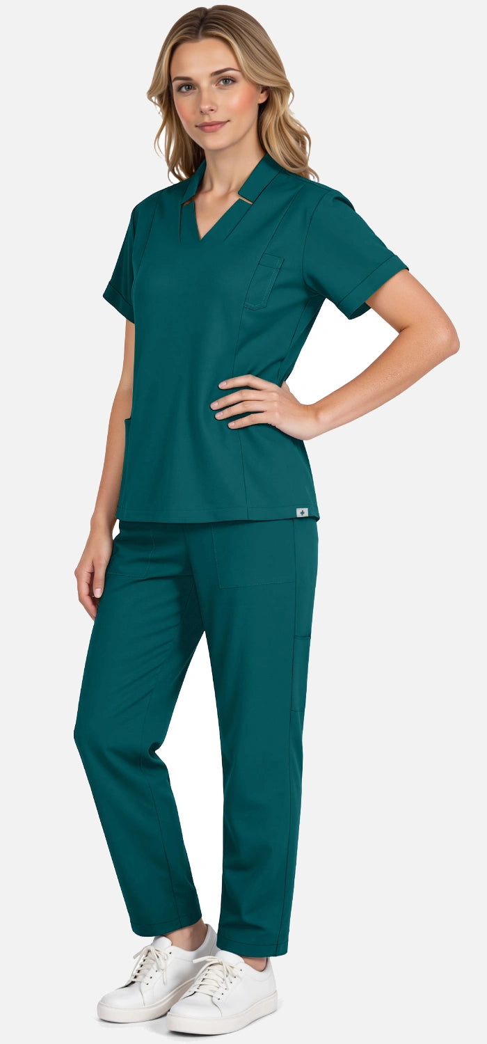 Dark Green – Eadflie Women's Split V-Neck Uniform Set – Tapered-Leg 9-Pocket Slim Fit – product image 69