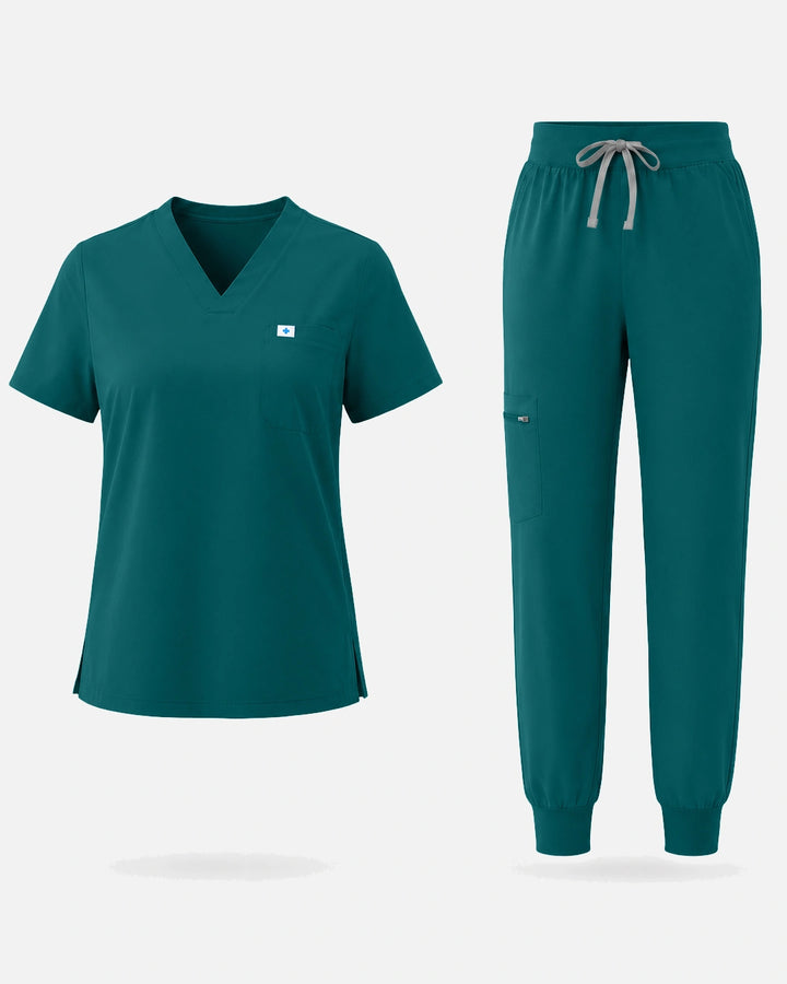 Eadflie Women's Classic V-Neck Jogger Uniform Set - Dark Green