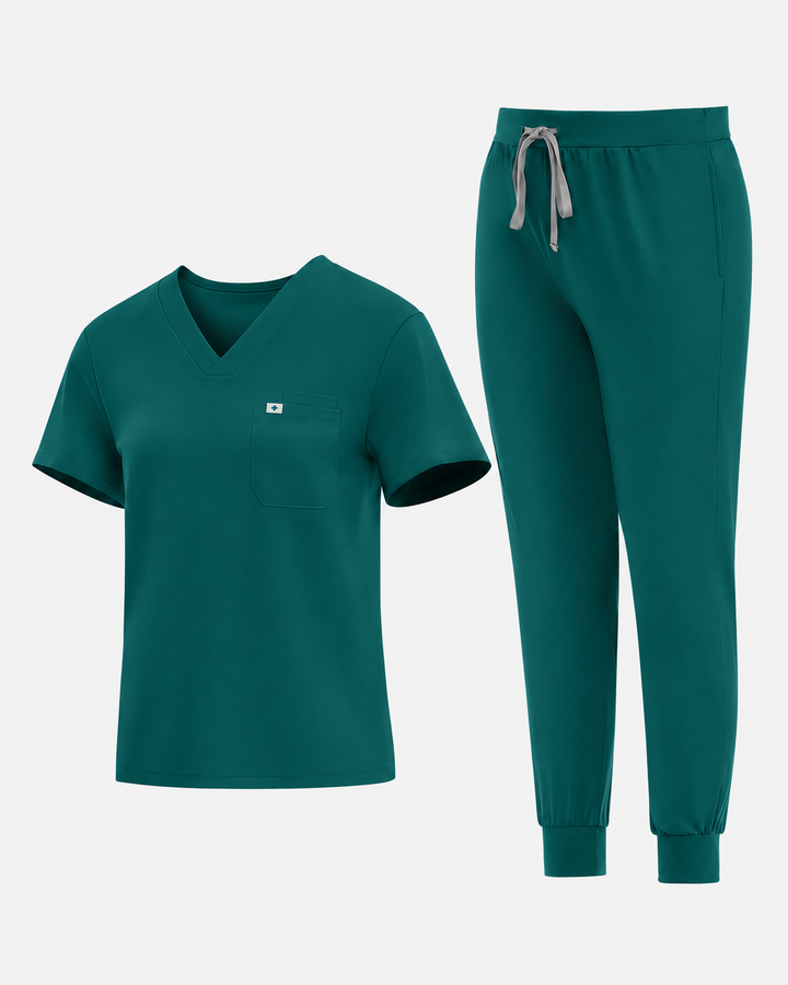 Eadflie Women's Knit V-Neck Jogger Uniform Set - Dark Green