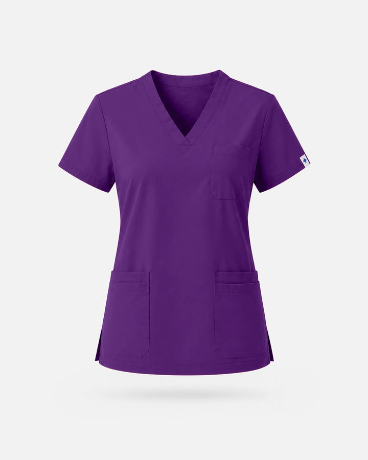 Eadflie Women's V-Neck Uniform Top – Short Sleeve 3-Pocket Soft Stretch - Dark Purple