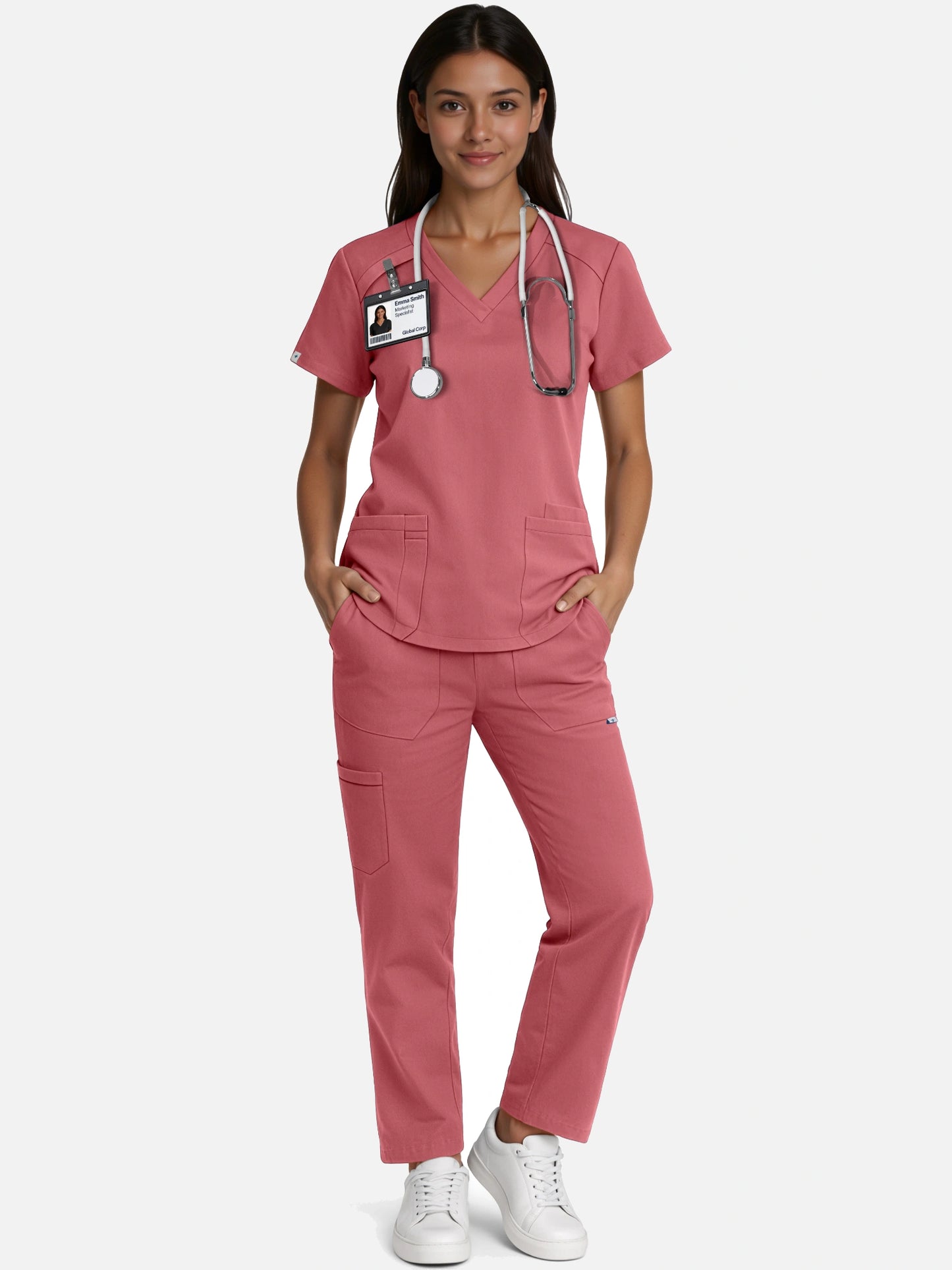 Flesh Pink – Eadflie Women's Woven V-Neck Uniform Set – Straight-Leg Structured – product image 92