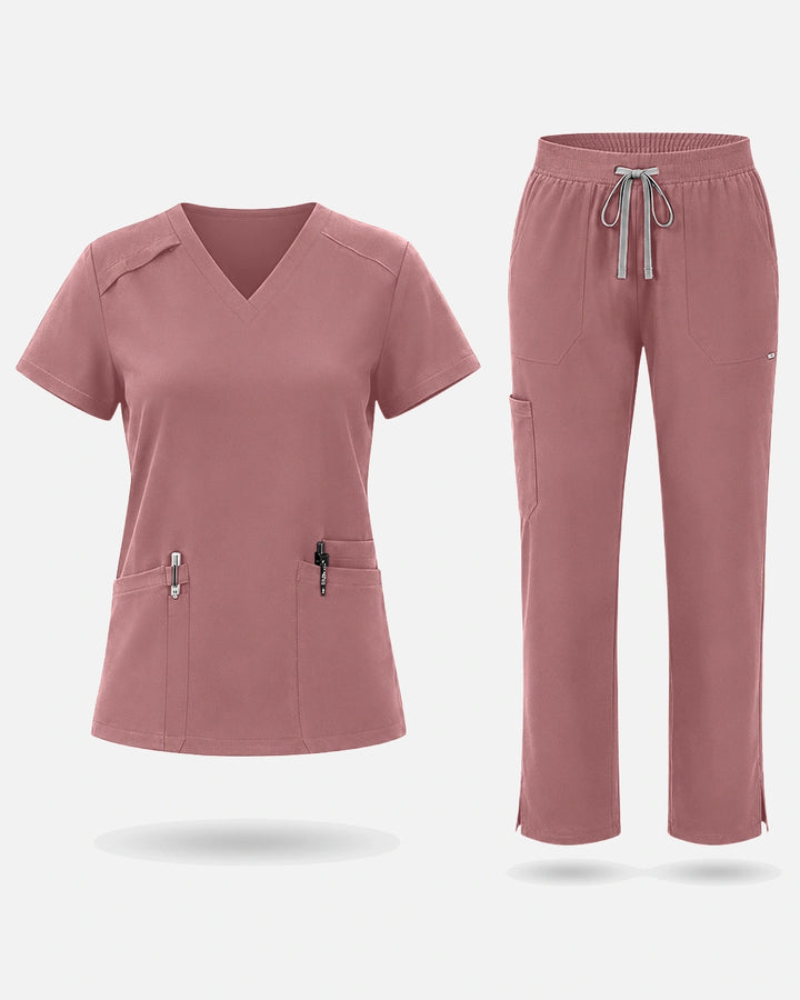 Eadflie Women's Woven V-Neck Uniform Set – Straight-Leg Structured - Flesh Pink