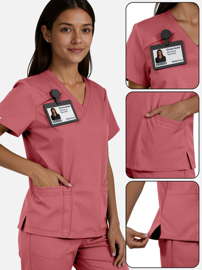 Flesh Pink – Eadflie Women's Woven V-Neck Uniform Set – Straight-Leg Structured – product image 95