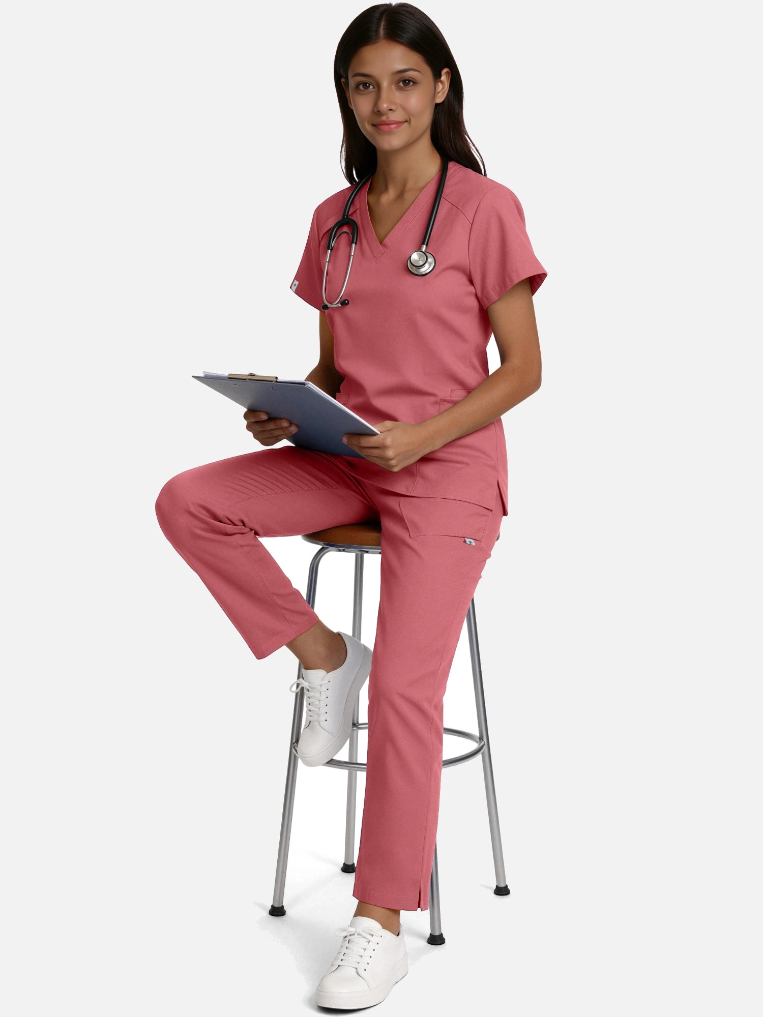 Flesh Pink – Eadflie Women's Woven V-Neck Uniform Set – Straight-Leg Structured – product image 100