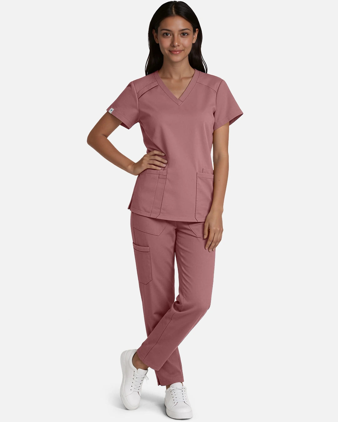Flesh Pink – Eadflie Women's Woven V-Neck Uniform Top – Structured with Shoulder Piping – product image 42