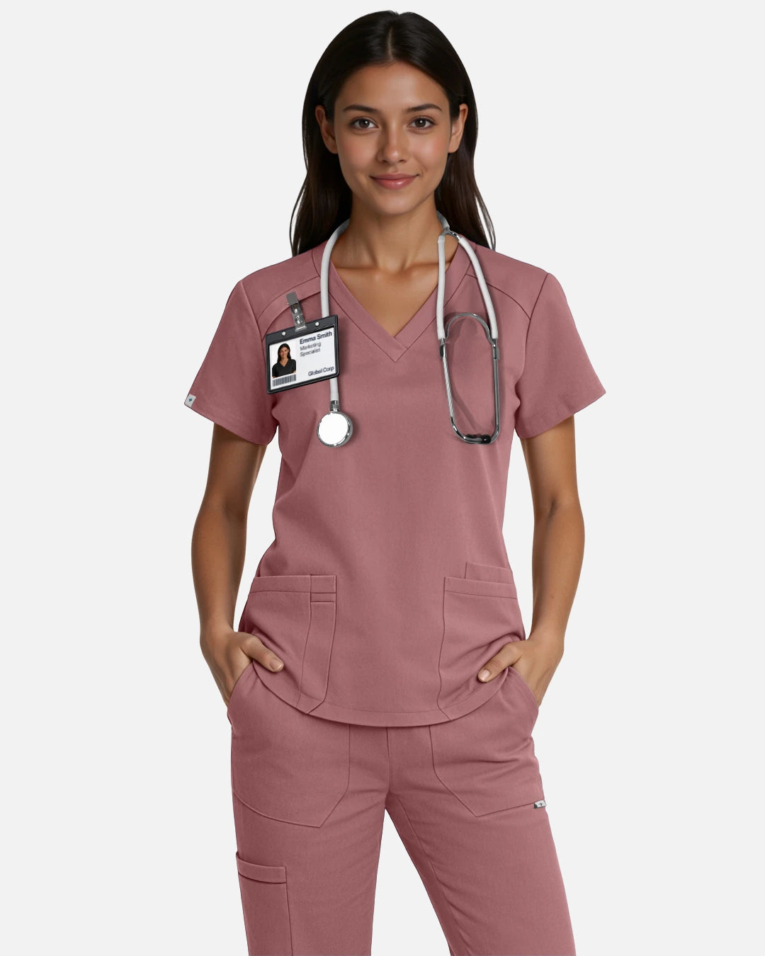 Flesh Pink – Eadflie Women's Woven V-Neck Uniform Top – Structured with Shoulder Piping – product image 44