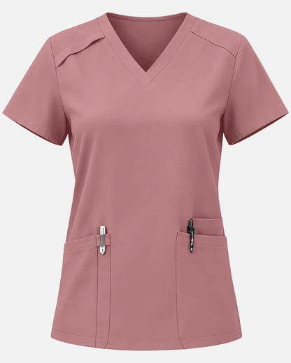 Flesh Pink – Eadflie Women's Woven V-Neck Uniform Top – Structured with Shoulder Piping – product image 41
