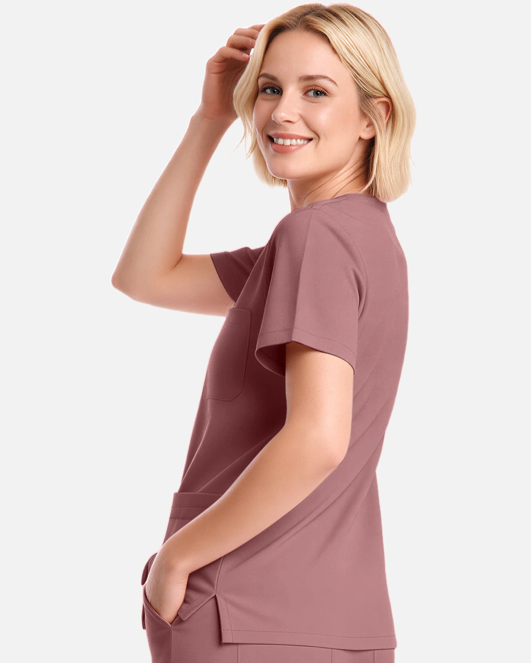 Flesh Pink – Eadflie Women's V-Neck Uniform Top – Short Sleeve 3-Pocket Soft Stretch – product image 29
