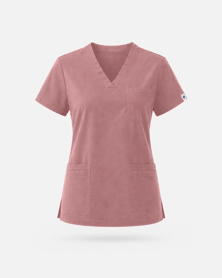 Eadflie Women's V-Neck Uniform Top – Short Sleeve 3-Pocket Soft Stretch - Flesh Pink