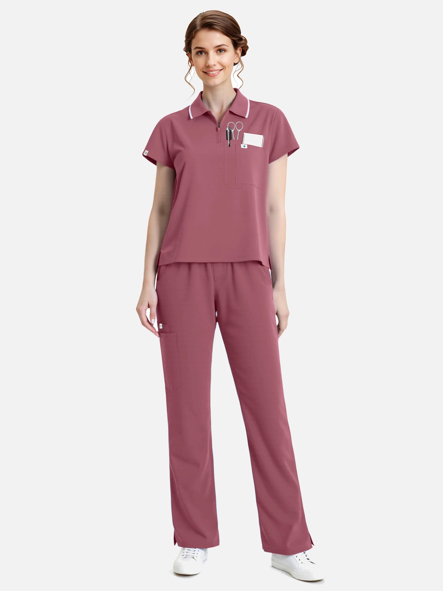 Flesh Pink – Eadflie Women's Zip Polo Straight-Leg Uniform Set – product image 74