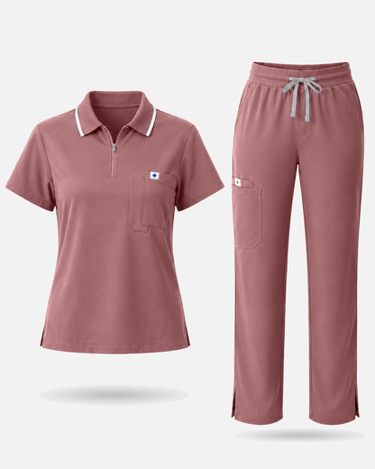 Flesh Pink – Eadflie Women's Zip Polo Straight-Leg Uniform Set – product image 73