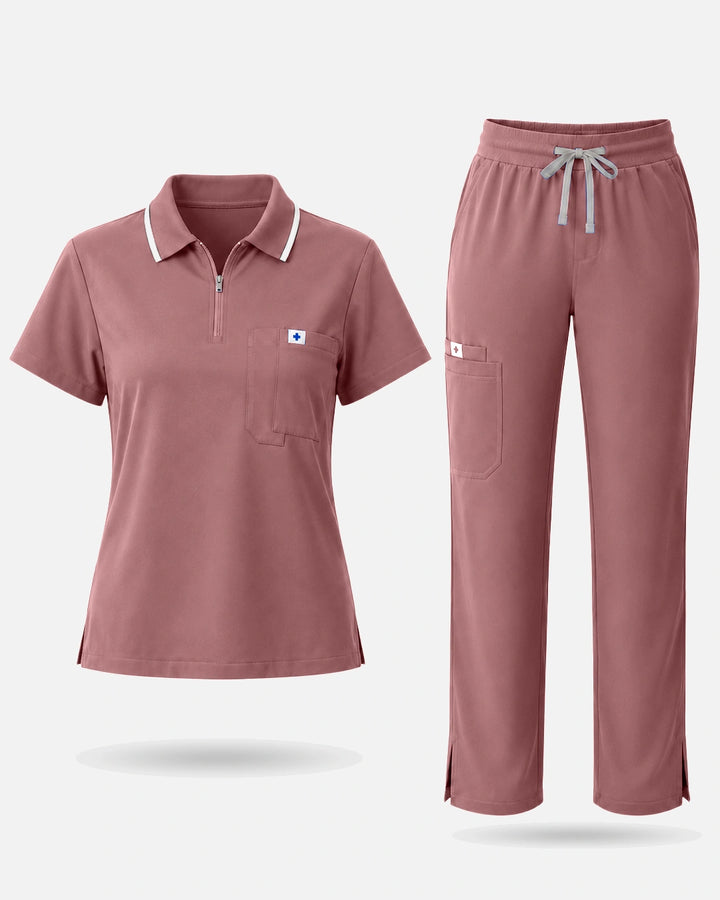 Eadflie Women's Zip Polo Straight-Leg Uniform Set - Flesh Pink