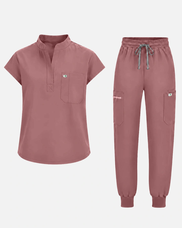 Eadflie Women's Henley Sleeveless Jogger Uniform Set - Flesh Pink