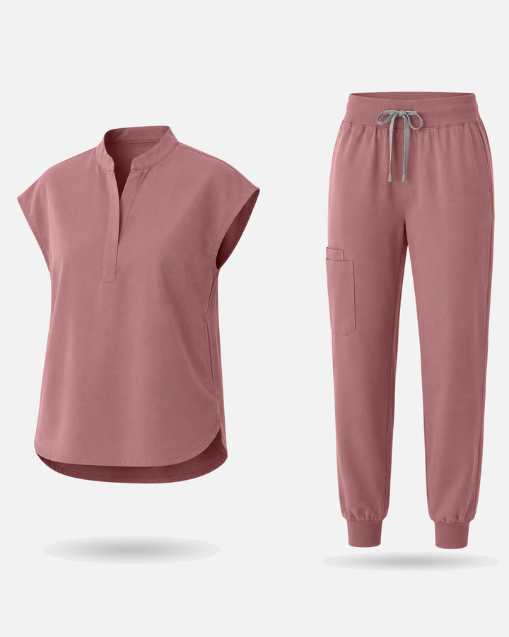 Eadflie Women's Sleeveless Mandarin Collar Jogger Uniform Set - Flesh Pink