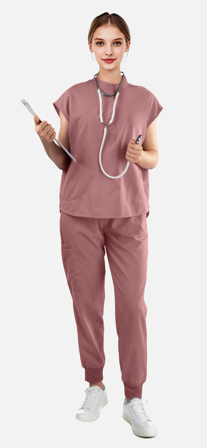 Flesh Pink – Eadflie Women's Sleeveless Mandarin Collar Jogger Uniform Set – product image 76