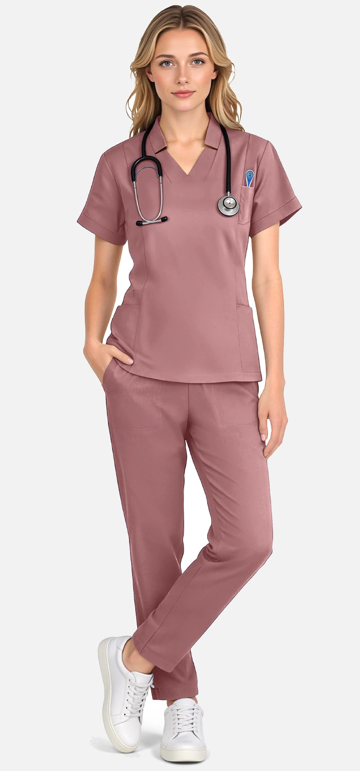 Flesh Pink – Eadflie Women's Split V-Neck Uniform Set – Tapered-Leg 9-Pocket Slim Fit – product image 74