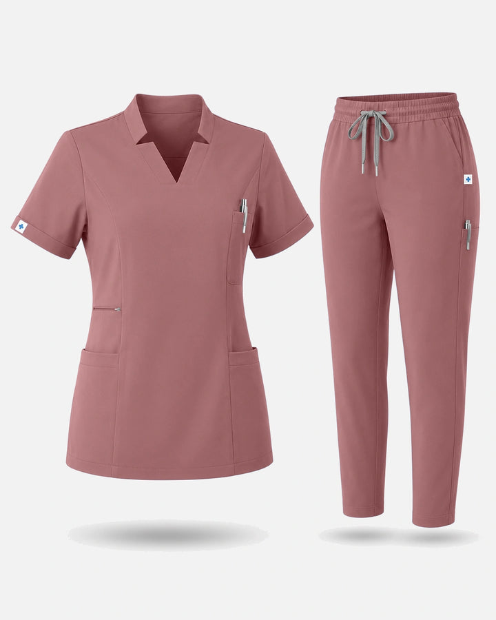Eadflie Women's Split V-Neck Uniform Set – Tapered-Leg 9-Pocket Slim Fit - Flesh Pink