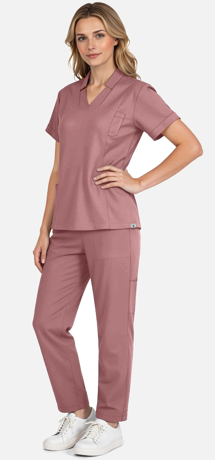 Flesh Pink – Eadflie Women's Split V-Neck Uniform Set – Tapered-Leg 9-Pocket Slim Fit – product image 77