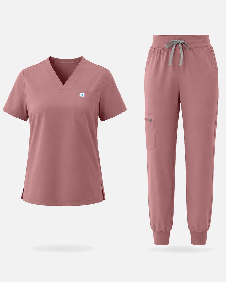 Eadflie Women's Classic V-Neck Jogger Uniform Set - Flesh Pink