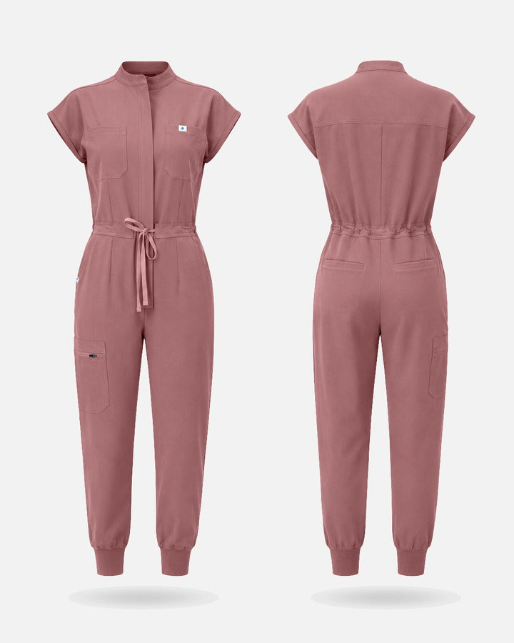 Eadflie Women's Zip-Front Uniform Jumpsuit – Sleeveless Stretch One-Piece - Flesh Pink