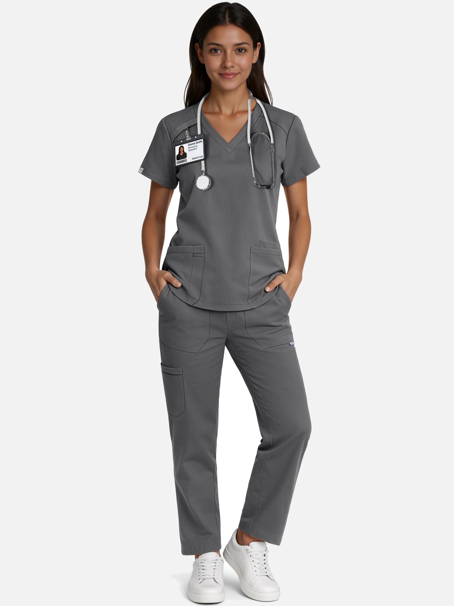 Heather Grey – Eadflie Women's Woven V-Neck Uniform Set – Straight-Leg Structured – product image 62