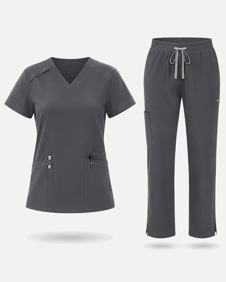Eadflie Women's Woven V-Neck Uniform Set – Straight-Leg Structured - Heather Grey