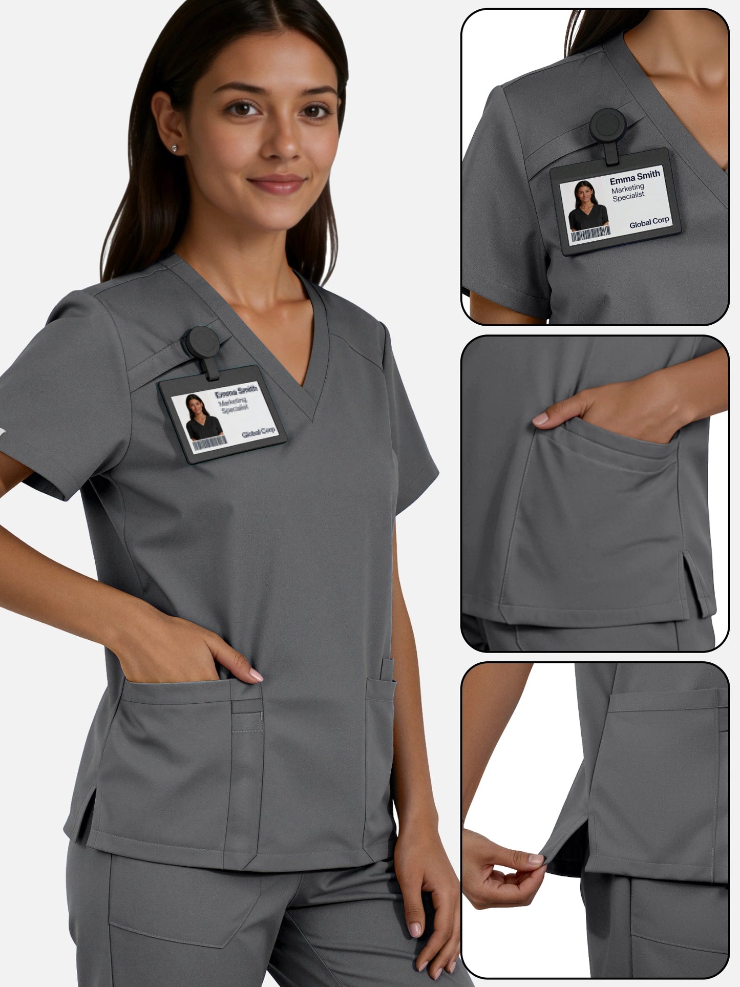 Heather Grey – Eadflie Women's Woven V-Neck Uniform Set – Straight-Leg Structured – product image 65