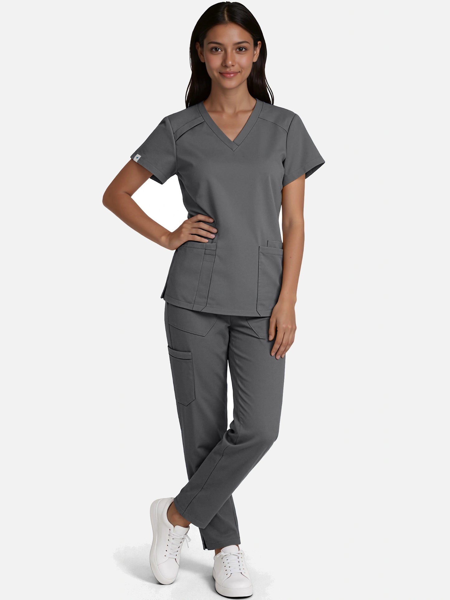 Heather Grey – Eadflie Women's Woven V-Neck Uniform Set – Straight-Leg Structured – product image 69