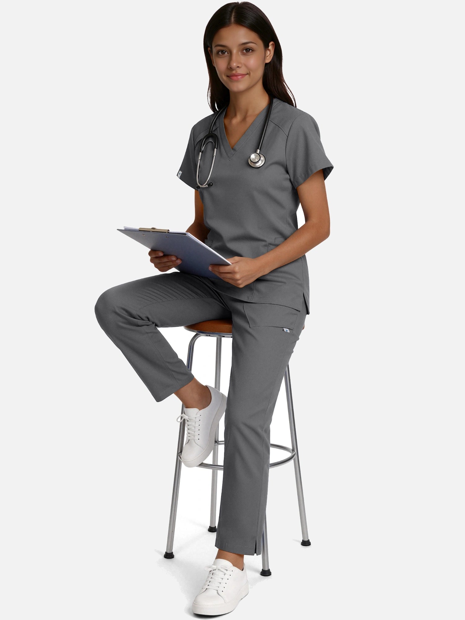 Heather Grey – Eadflie Women's Woven V-Neck Uniform Set – Straight-Leg Structured – product image 70