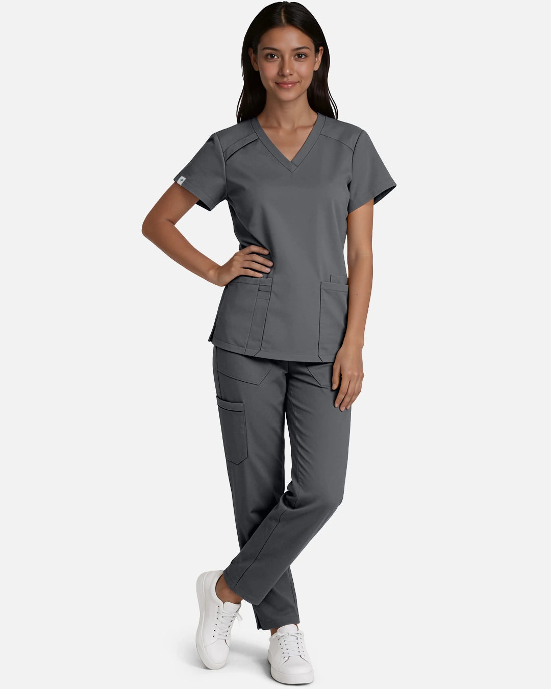 Heather Grey – Eadflie Women's Woven V-Neck Uniform Top – Structured with Shoulder Piping – product image 57