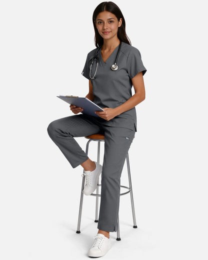 Heather Grey – Eadflie Women's Woven V-Neck Uniform Top – Structured with Shoulder Piping – product image 58