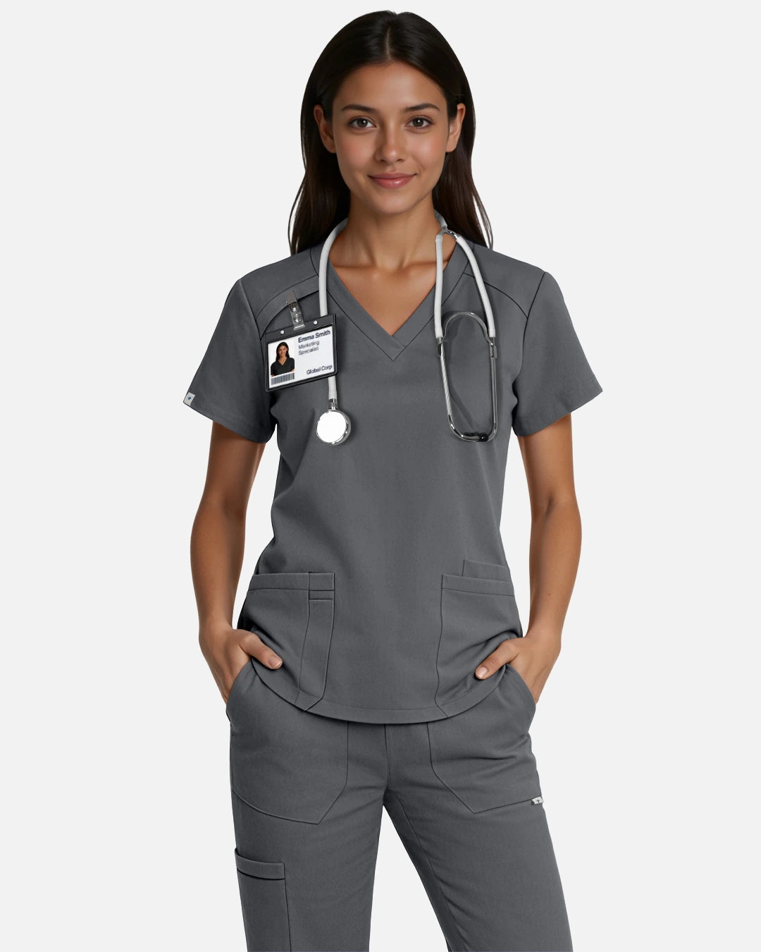 Heather Grey – Eadflie Women's Woven V-Neck Uniform Top – Structured with Shoulder Piping – product image 59