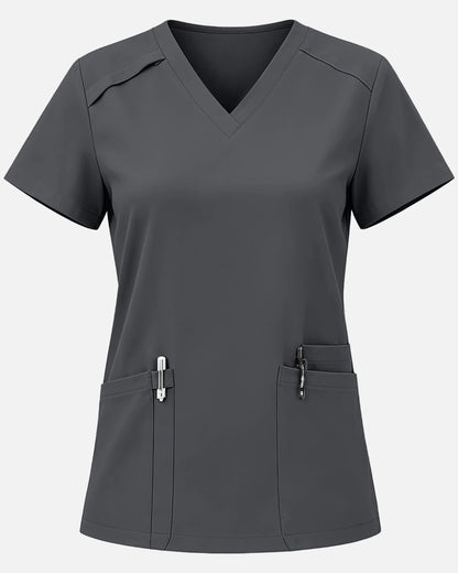 Heather Grey – Eadflie Women's Woven V-Neck Uniform Top – Structured with Shoulder Piping – product image 56