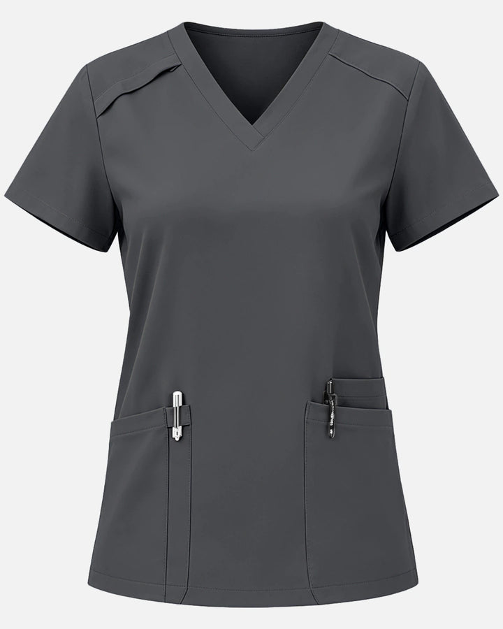 Eadflie Women's Woven V-Neck Uniform Top – Structured with Shoulder Piping - Heather Grey