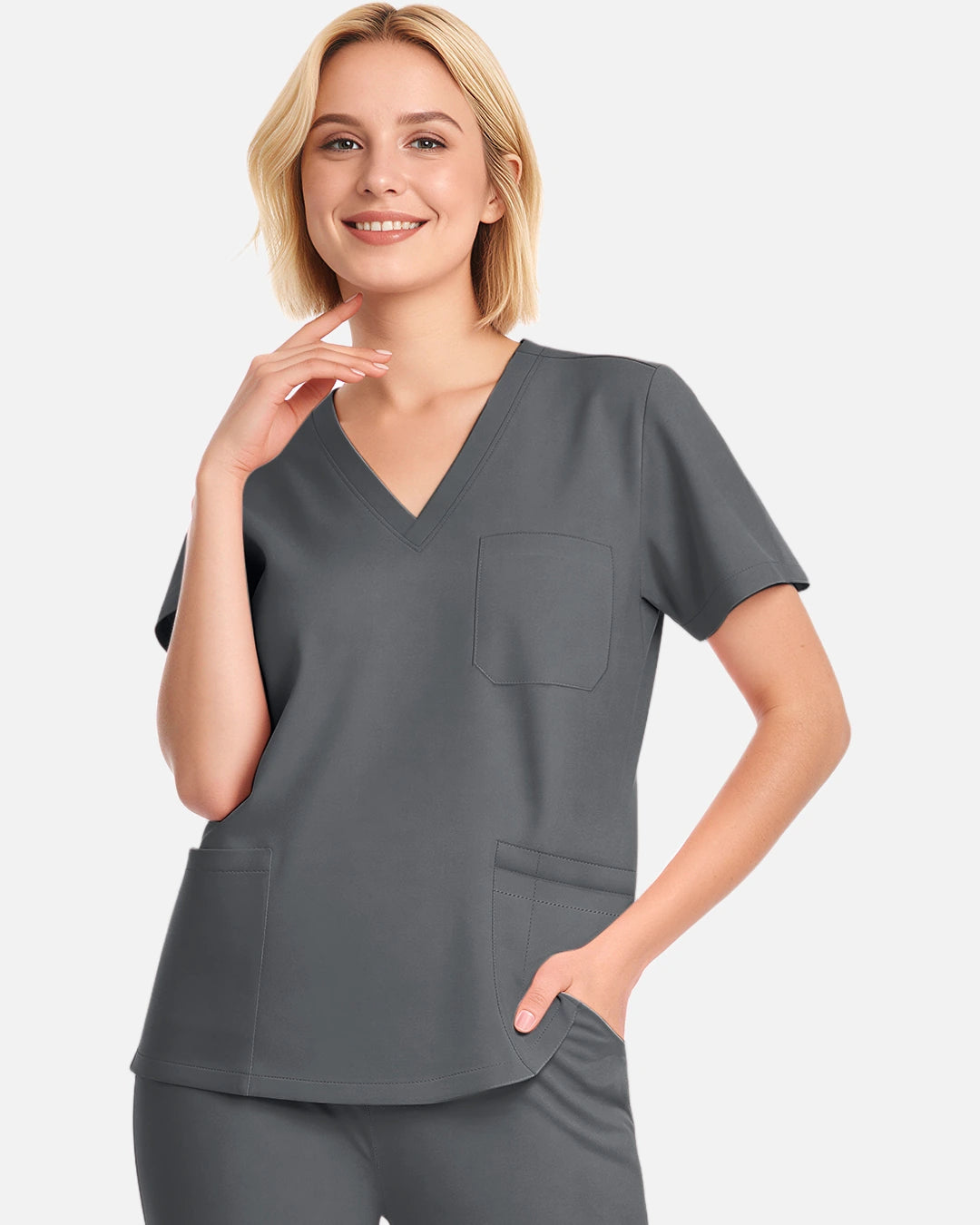 Heather Grey – Eadflie Women's V-Neck Uniform Top – Short Sleeve 3-Pocket Soft Stretch – product image 22