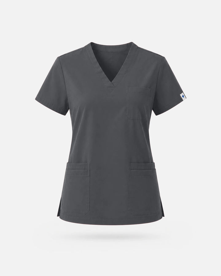 Eadflie Women's V-Neck Uniform Top – Short Sleeve 3-Pocket Soft Stretch - Heather Grey