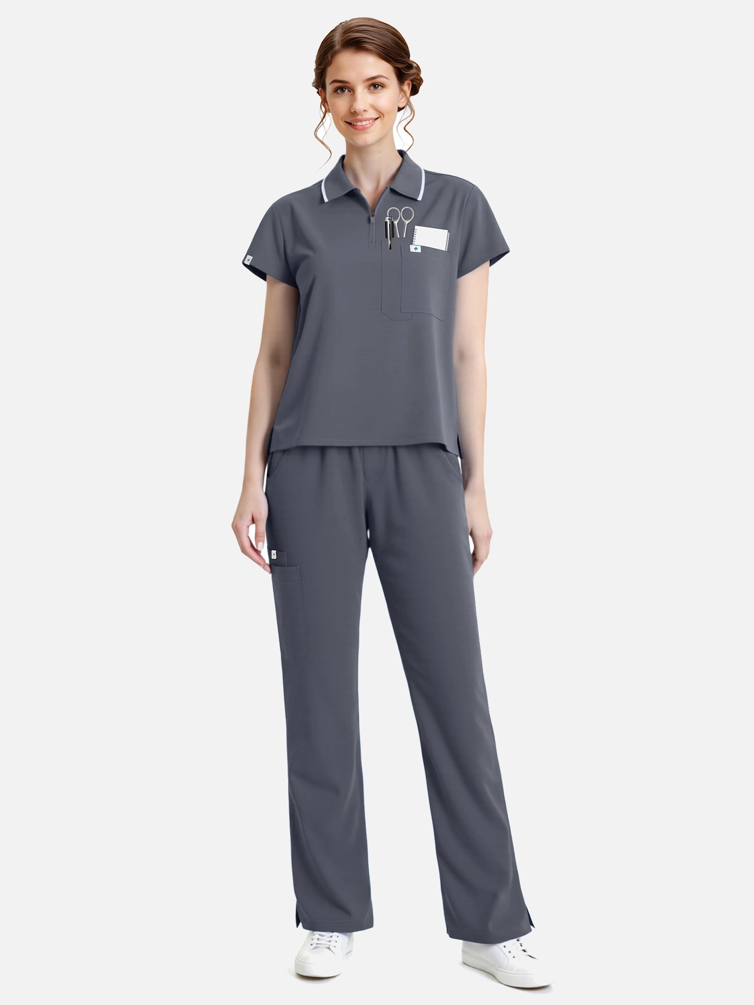 Heather Grey – Eadflie Women's Zip Polo Straight-Leg Uniform Set – product image 38