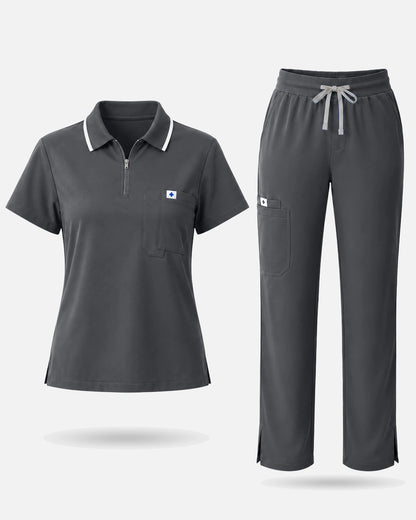 Heather Grey – Eadflie Women's Zip Polo Straight-Leg Uniform Set – product image 37