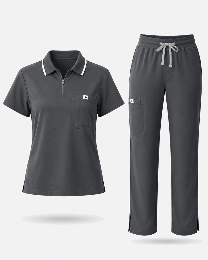 Eadflie Women's Zip Polo Straight-Leg Uniform Set - Heather Grey