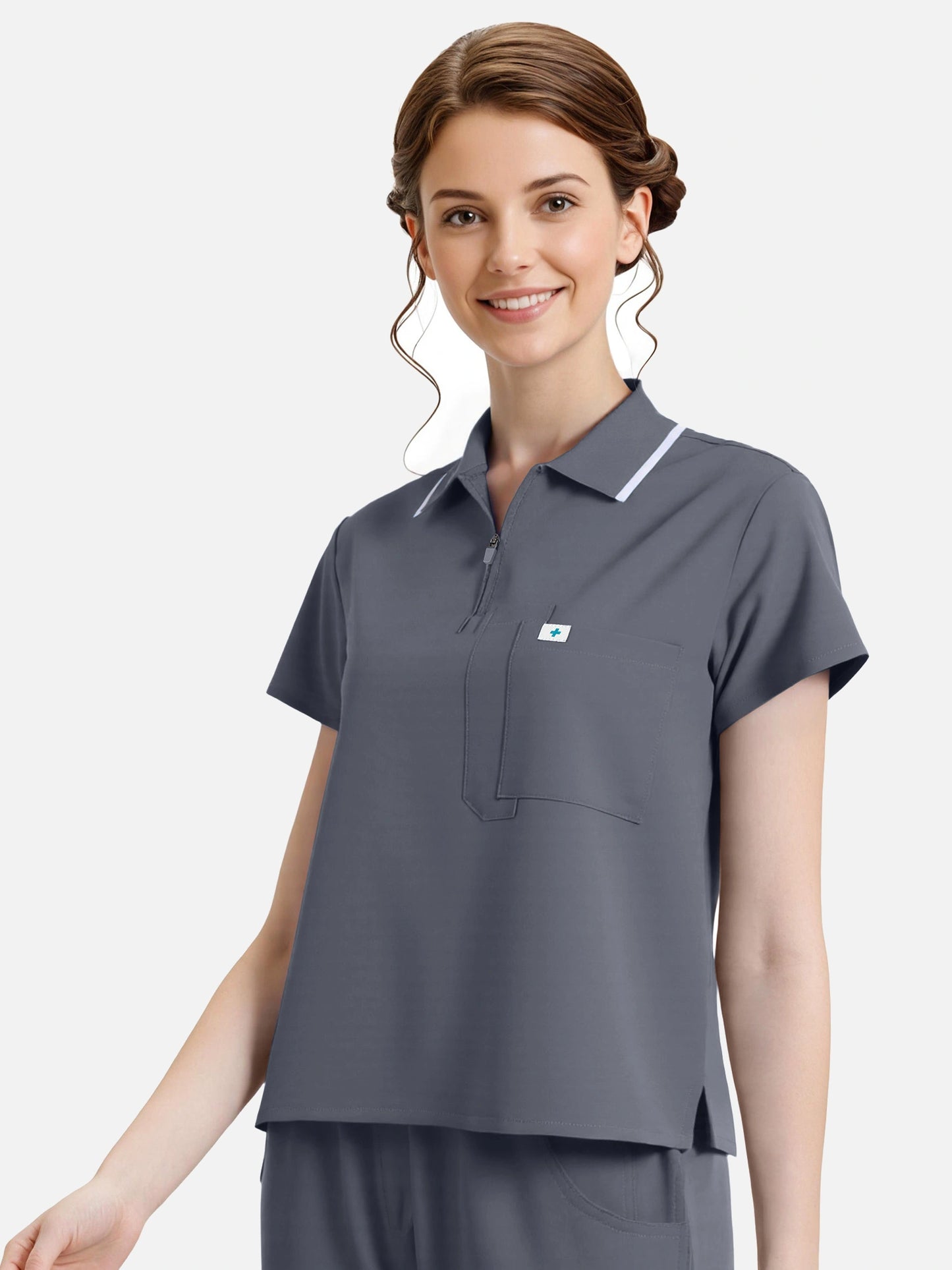 Heather Grey – Eadflie Women's Zip Polo Straight-Leg Uniform Set – product image 41