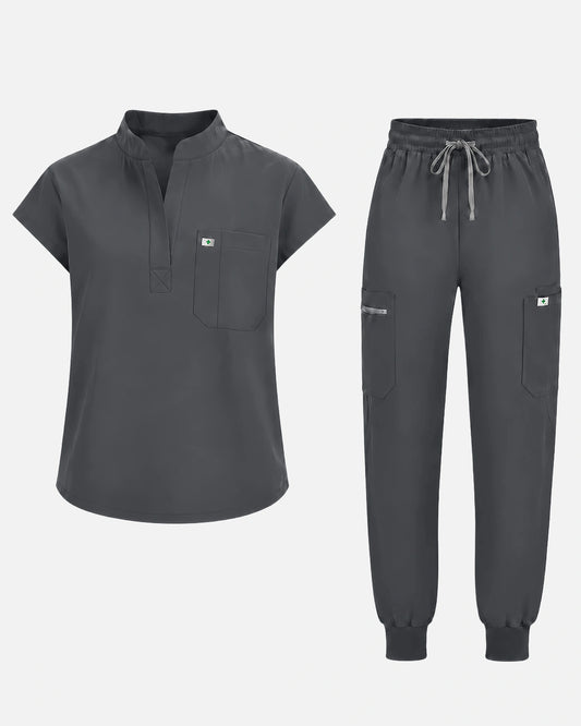 Heather Grey – Eadflie Women's Henley Sleeveless Jogger Uniform Set – product image 55