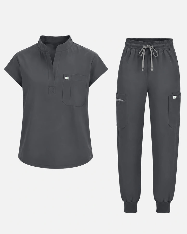 Eadflie Women's Henley Sleeveless Jogger Uniform Set - Heather Grey