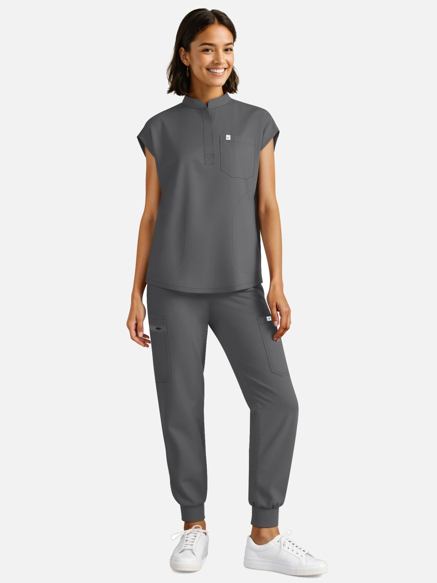 Heather Grey – Eadflie Women's Henley Sleeveless Jogger Uniform Set – product image 56