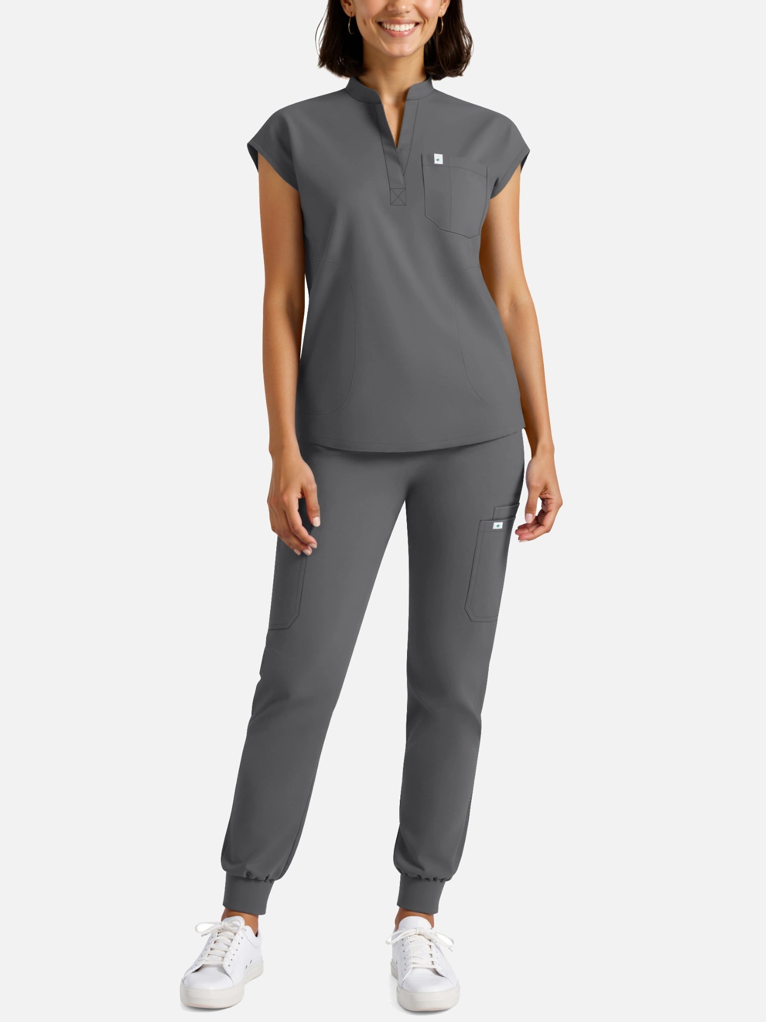 Heather Grey – Eadflie Women's Henley Sleeveless Jogger Uniform Set – product image 57
