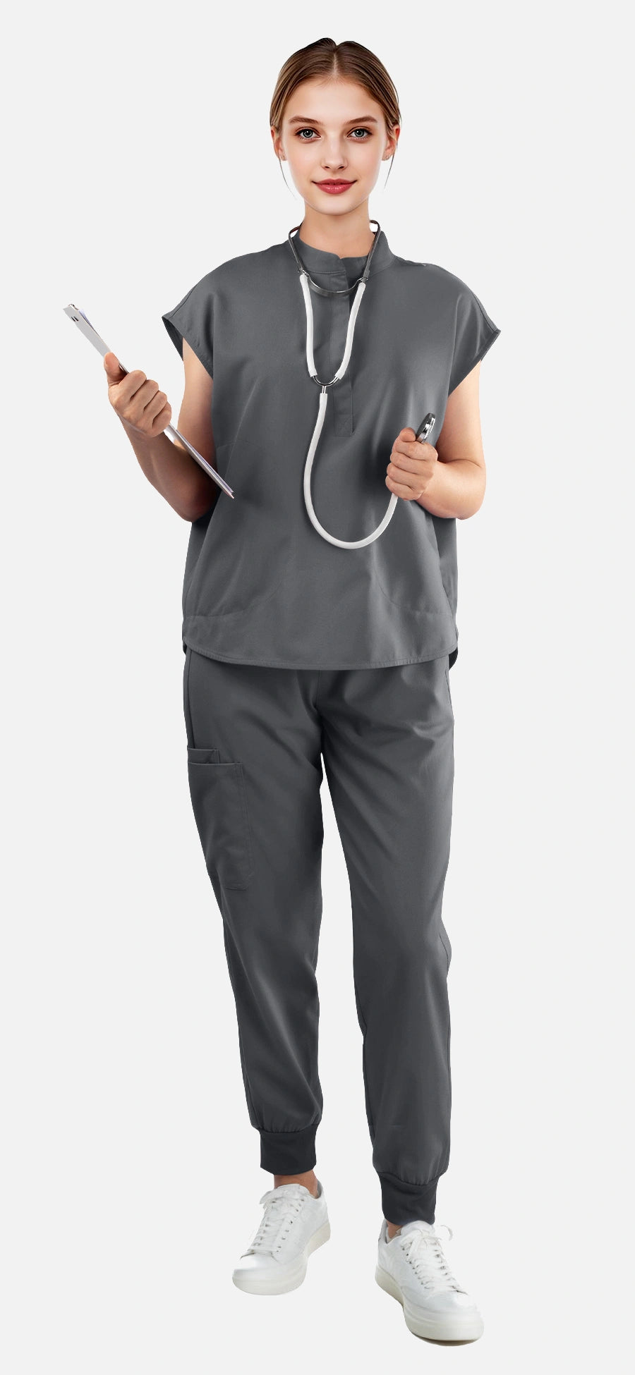 Heather Grey – Eadflie Women's Sleeveless Mandarin Collar Jogger Uniform Set – product image 60