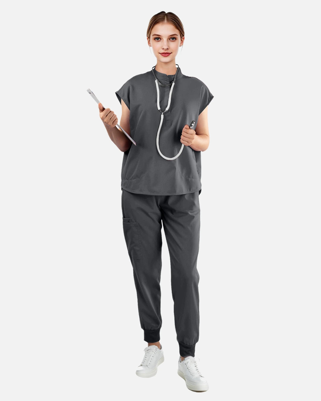 Heather Grey – Eadflie Women's Sleeveless Mandarin Collar Uniform Top – product image 91
